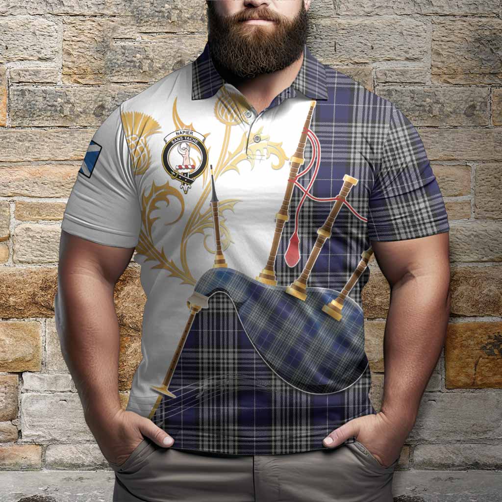 Napier Tartan Family Crest Polo Shirt Bagpipes with Scottish Thistle