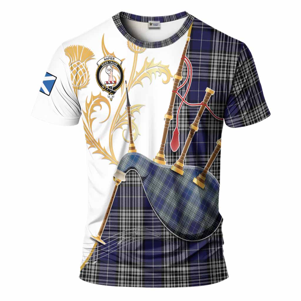 Napier Tartan Family Crest T-Shirt Bagpipes with Scottish Thistle