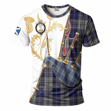 Napier Tartan Family Crest T-Shirt Bagpipes with Scottish Thistle