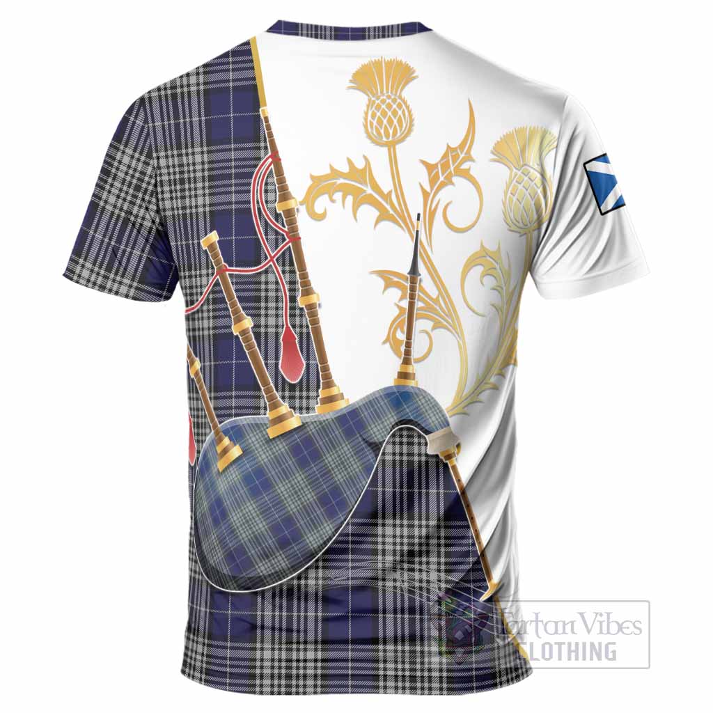 Napier Tartan Family Crest T-Shirt Bagpipes with Scottish Thistle
