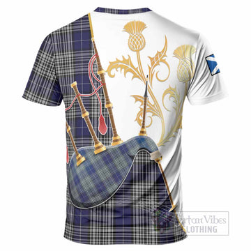 Napier Tartan Family Crest T-Shirt Bagpipes with Scottish Thistle