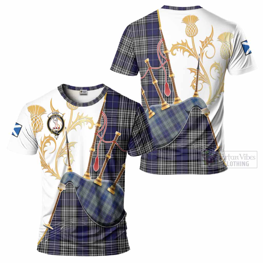 Napier Tartan Family Crest T-Shirt Bagpipes with Scottish Thistle