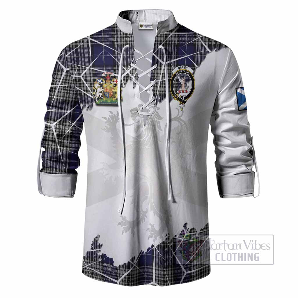 Napier Tartan Ghillie Shirt with Family Crest and Lion Rampant Grunge Style