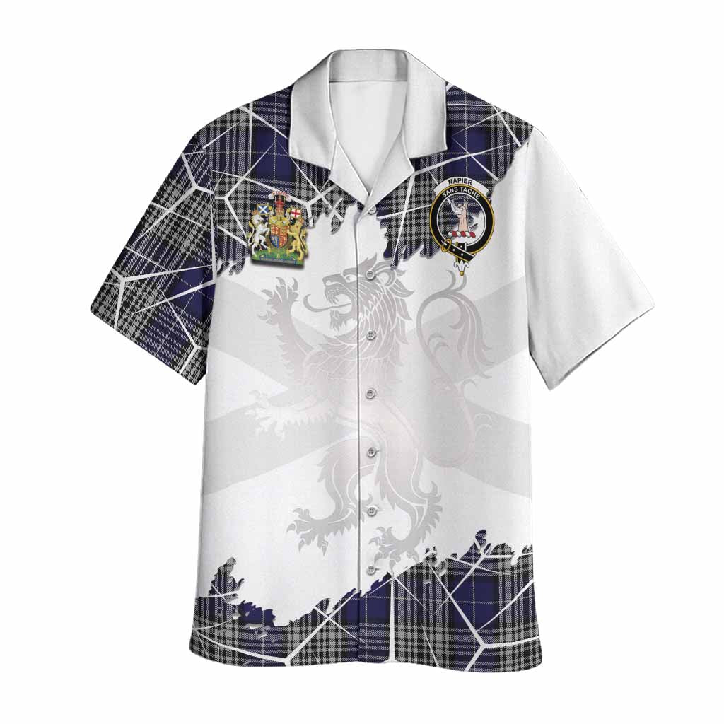 Napier Tartan Hawaiian Shirt with Family Crest and Lion Rampant Grunge Style