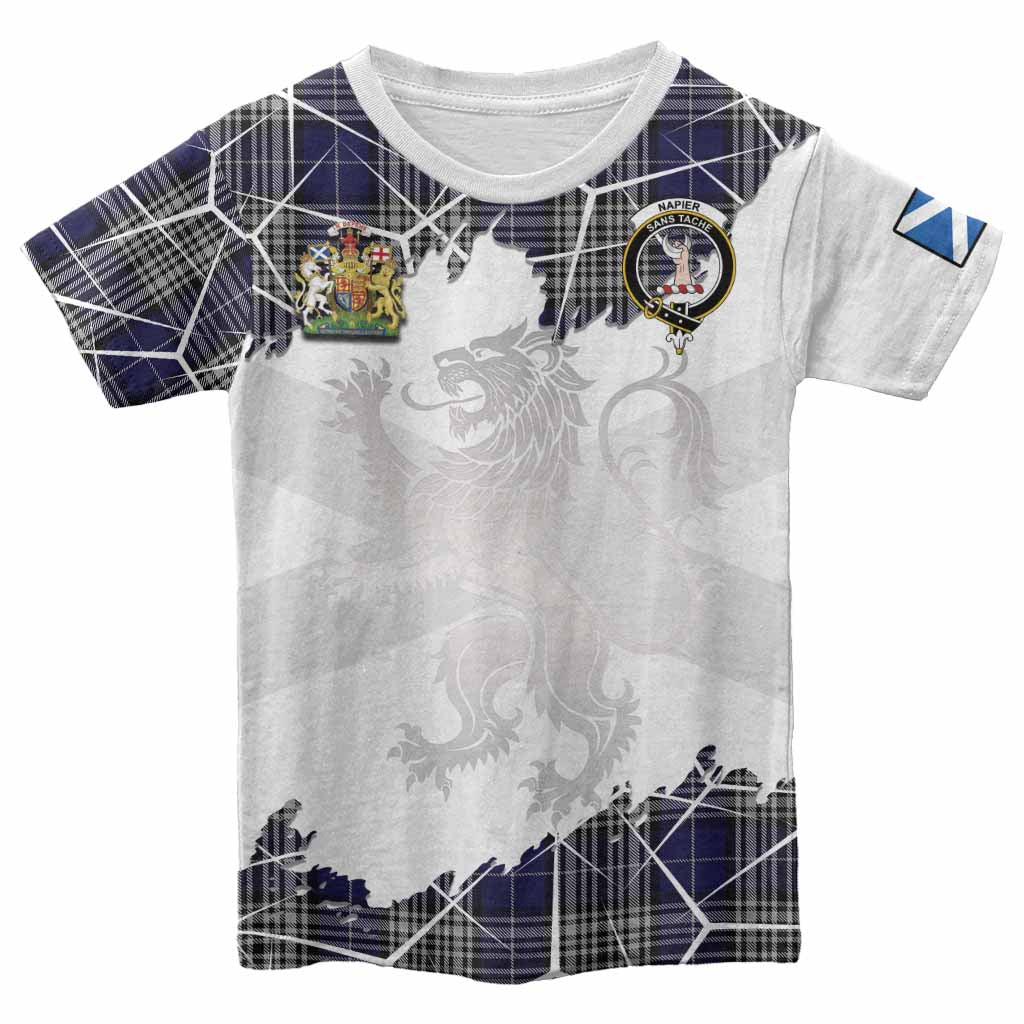 Napier Tartan Kid T-shirt with Family Crest and Lion Rampant Grunge Style