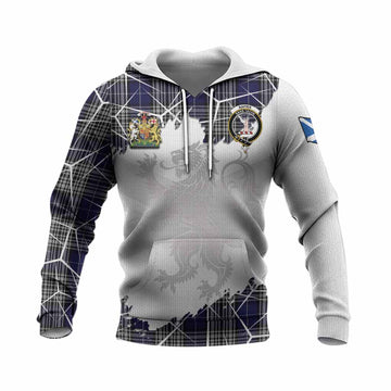 Napier Tartan Knitted Hoodie with Family Crest and Lion Rampant Grunge Style