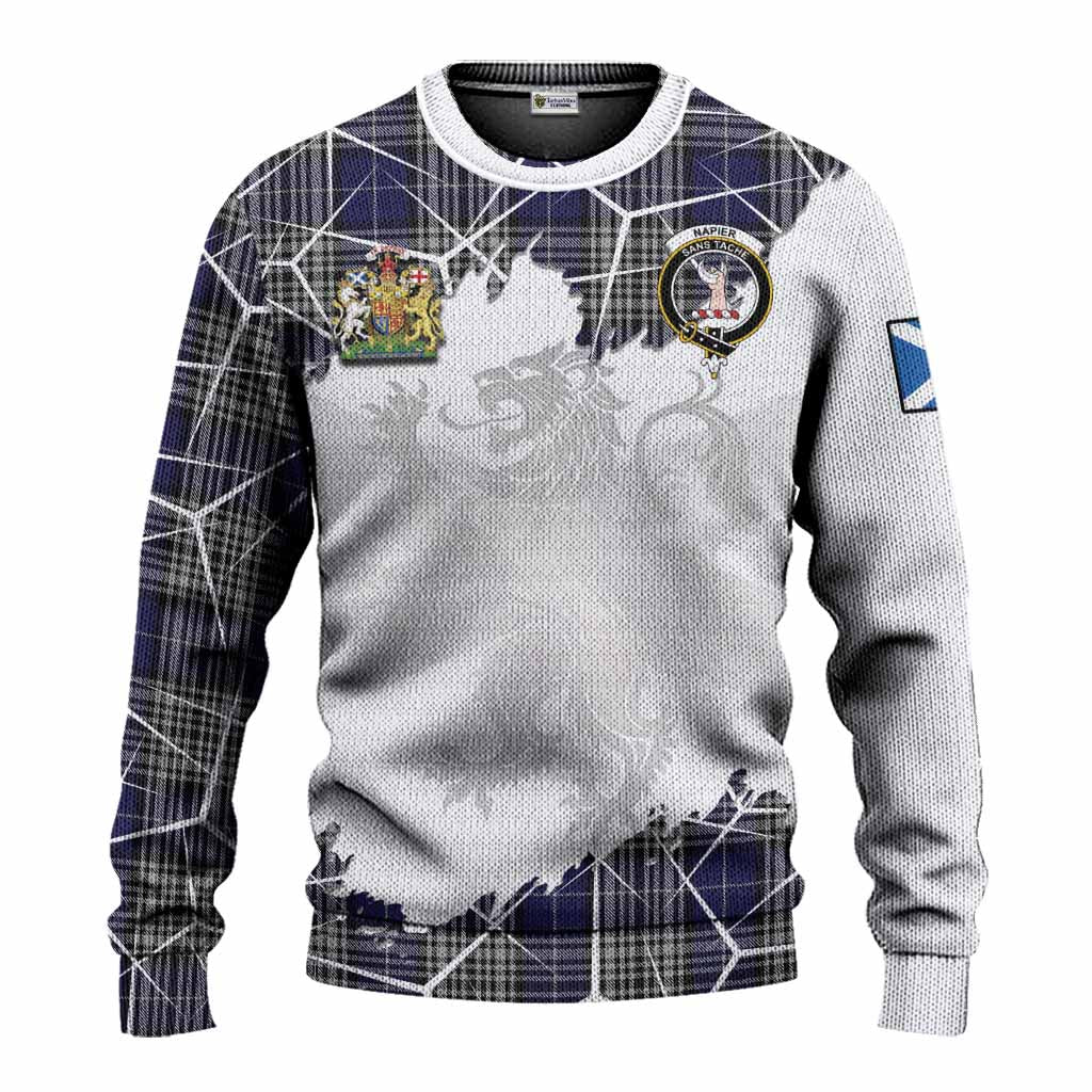 Napier Tartan Knitted Sweater with Family Crest and Lion Rampant Grunge Style