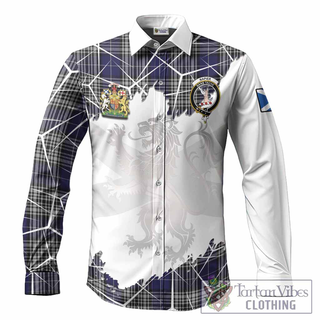 Napier Tartan Long Sleeve Button Shirts with Family Crest and Lion Rampant Grunge Style