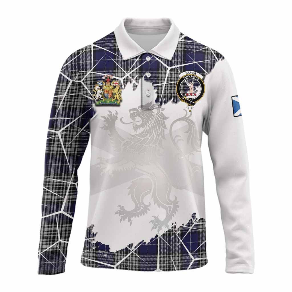 Napier Tartan Long Sleeve Polo Shirt with Family Crest and Lion Rampant Grunge Style