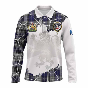 Napier Tartan Long Sleeve Polo Shirt with Family Crest and Lion Rampant Grunge Style