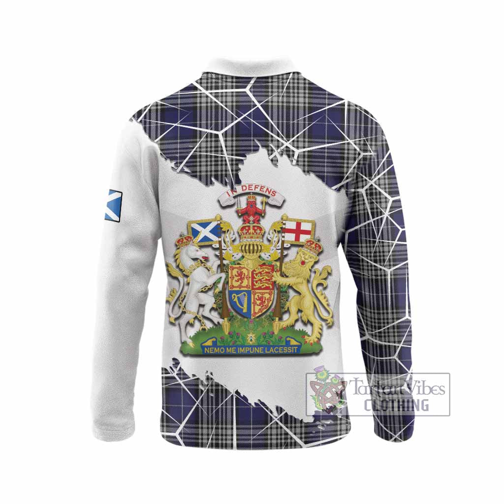 Napier Tartan Long Sleeve Polo Shirt with Family Crest and Lion Rampant Grunge Style