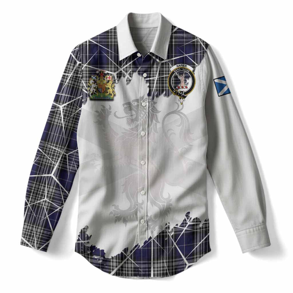 Napier Tartan Women Casual Shirt with Family Crest and Lion Rampant Grunge Style
