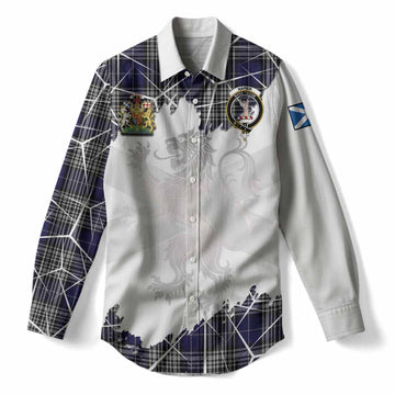 Napier Tartan Women Casual Shirt with Family Crest and Lion Rampant Grunge Style
