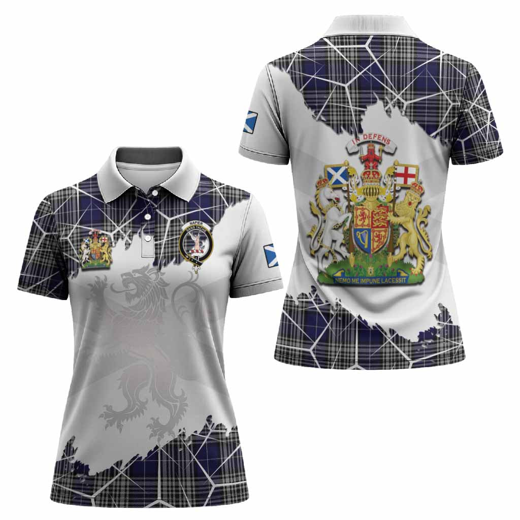 Napier Tartan Women Polo Shirt with Family Crest and Lion Rampant Grunge Style