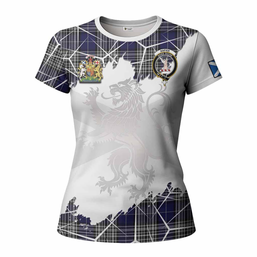 Napier Tartan Women T shirt with Family Crest and Lion Rampant Grunge Style