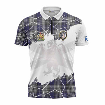 Napier Tartan Zipper Polo Shirt with Family Crest and Lion Rampant Grunge Style