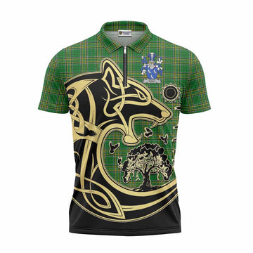 Nash Irish Tartan Zipper Polo Shirt with Coat of Arms Celtic Wolf Style