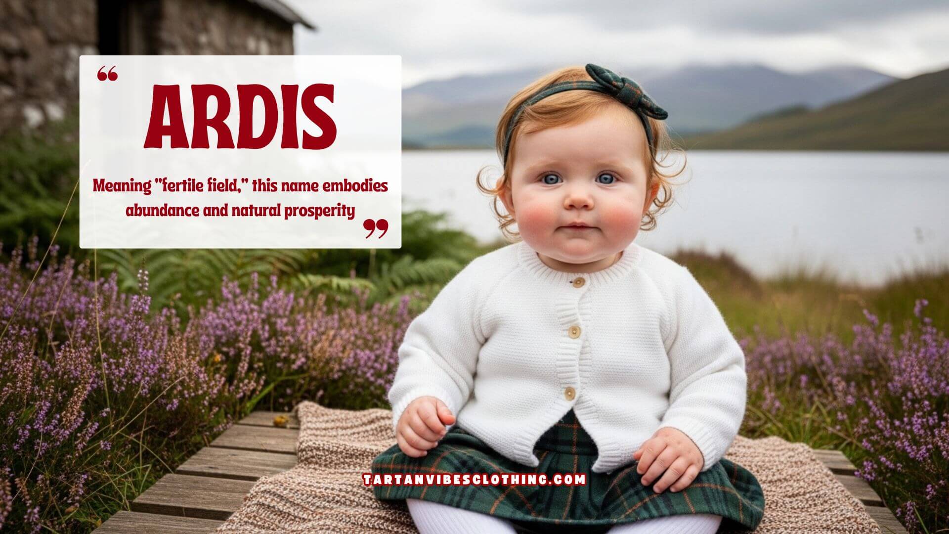 A baby girl with curly hair and rosy cheeks sits by a lake surrounded by Scottish heather. She wears a white cardigan and a green tartan skirt.