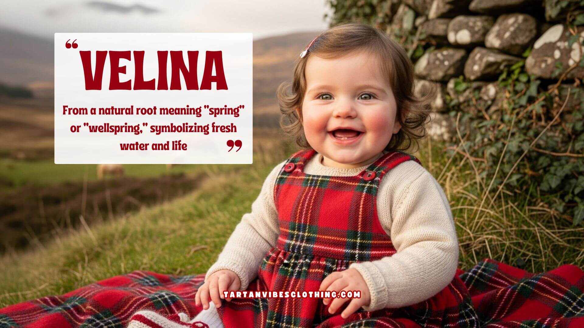 A cheerful baby girl in a red tartan dress sits on a blanket in the Scottish countryside.