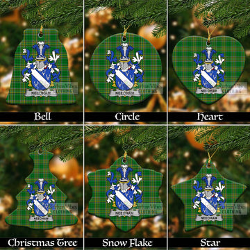 Tartan Vibes Clothing Needham Irish Clan Tartan Christmas Ceramic Ornament with Coat of Arms