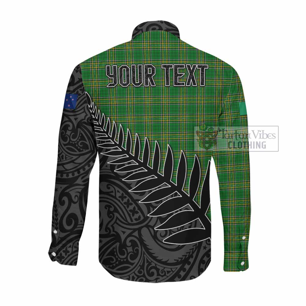Tartan Vibes Clothing Neilan Irish Clan Tartan Long Sleeve Button Shirt with Coat of Arms New Zealand Silver Fern Half Style