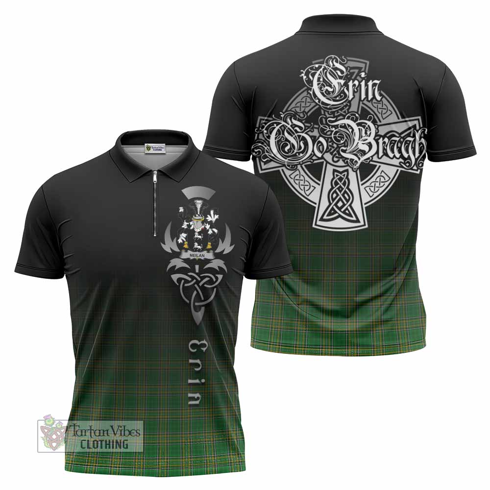 Tartan Vibes Clothing Neilan Irish Clan Zipper Polo Shirt with Coat of Arms Erin Go Bragh Celtic Inspired