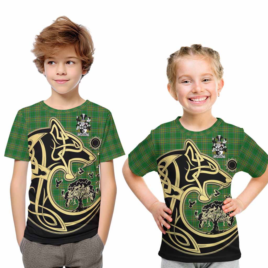 Tartan Vibes Clothing Nelson Irish Tartan Kid T-Shirt with Coat of Arms Celtic Wolf Style