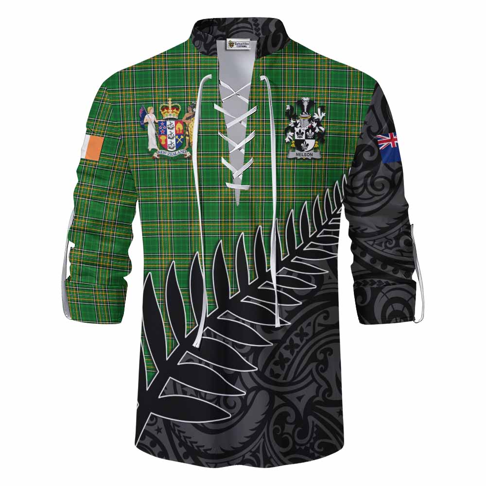 Tartan Vibes Clothing Nelson Irish Clan Tartan Ghillie Kilt Shirt with Coat of Arms New Zealand Silver Fern Half Style