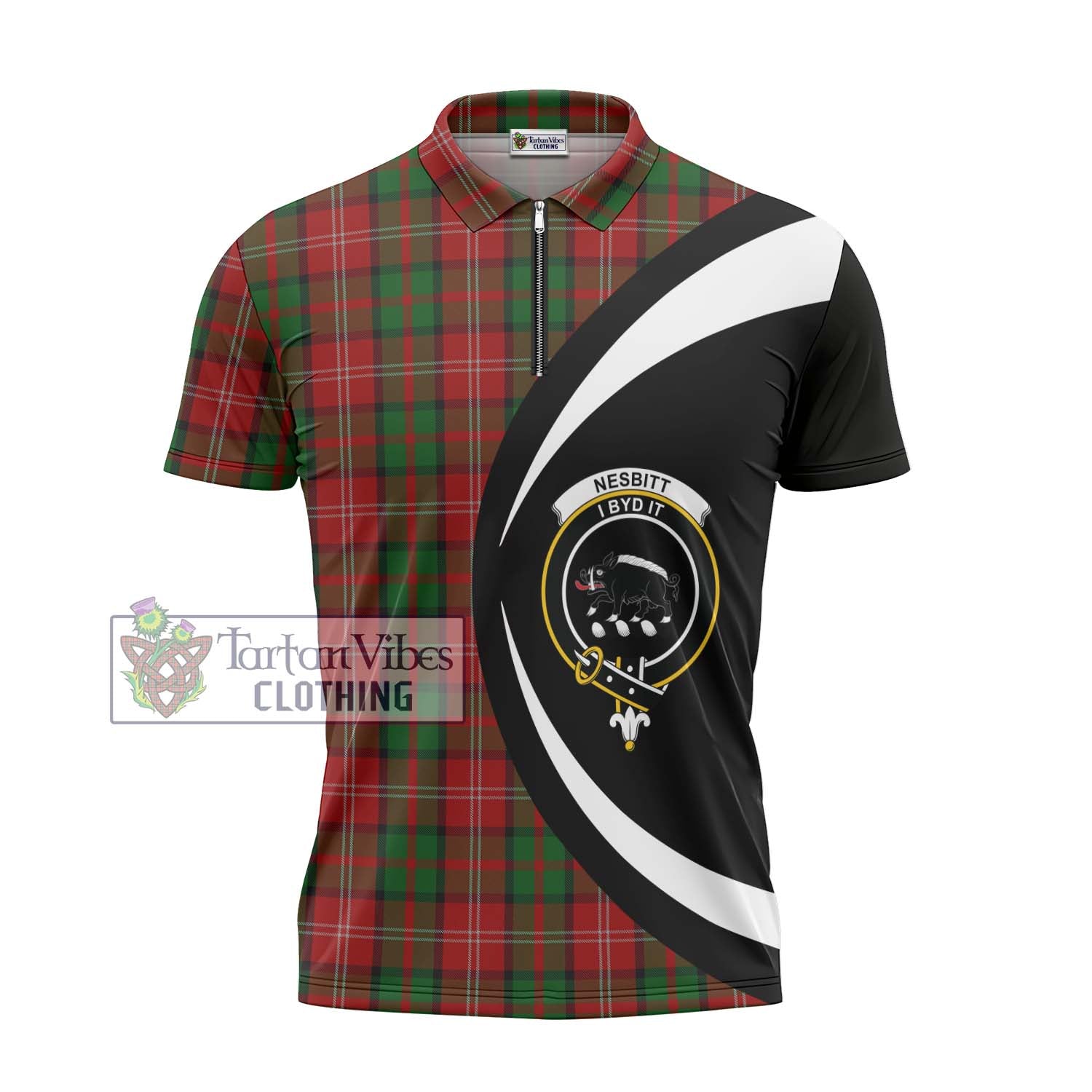 Nesbitt Tartan Zipper Polo Shirt with Family Crest Circle Style - Tartan Vibes Clothing