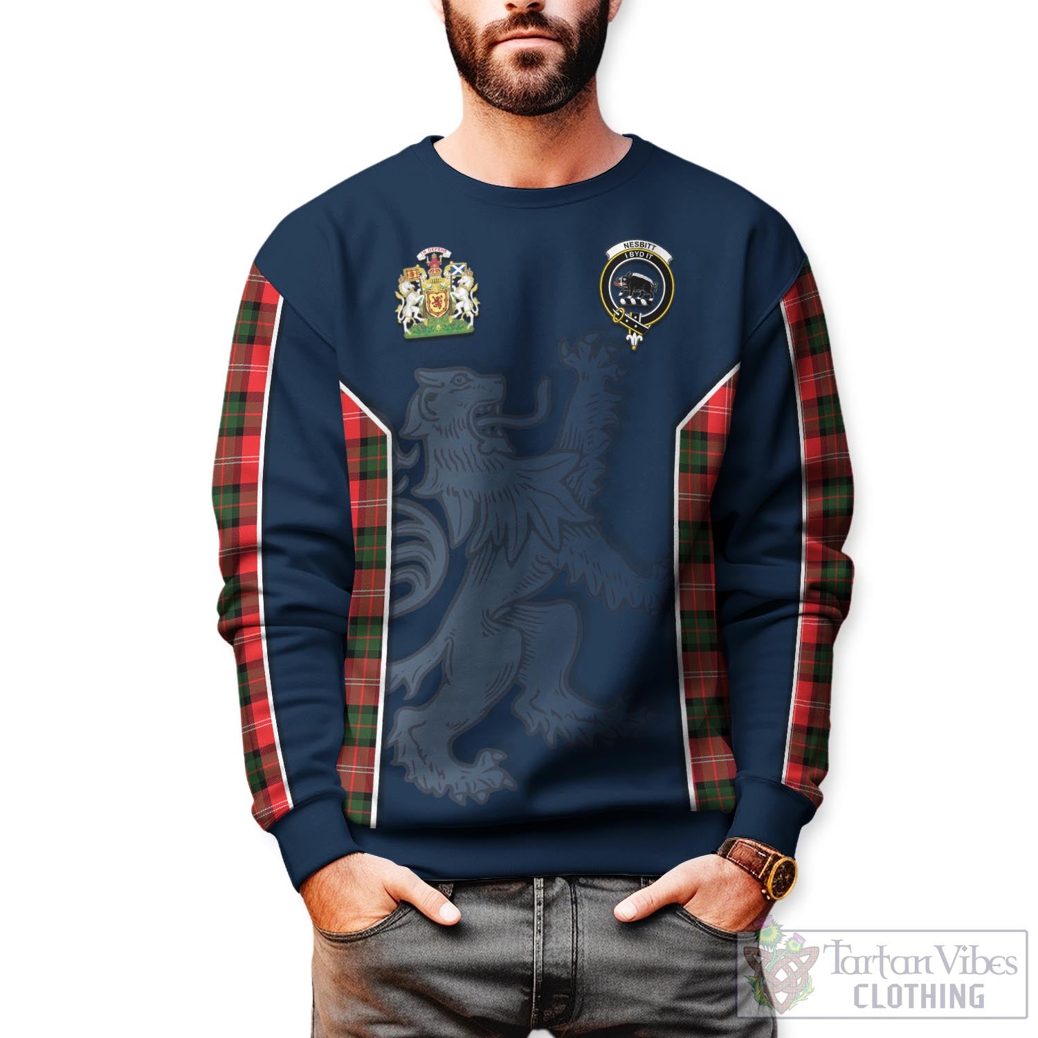 Tartan Vibes Clothing Nesbitt Modern Tartan Sweater with Family Crest and Lion Rampant Vibes Sport Style