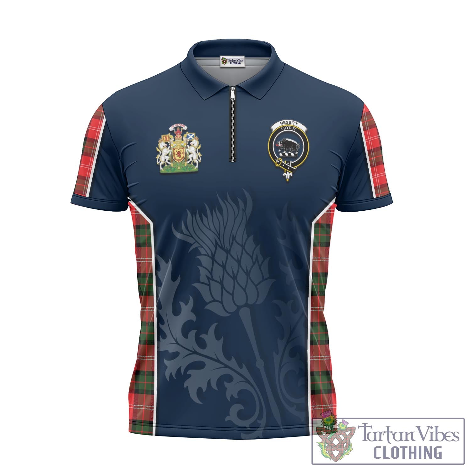 Tartan Vibes Clothing Nesbitt Modern Tartan Zipper Polo Shirt with Family Crest and Scottish Thistle Vibes Sport Style