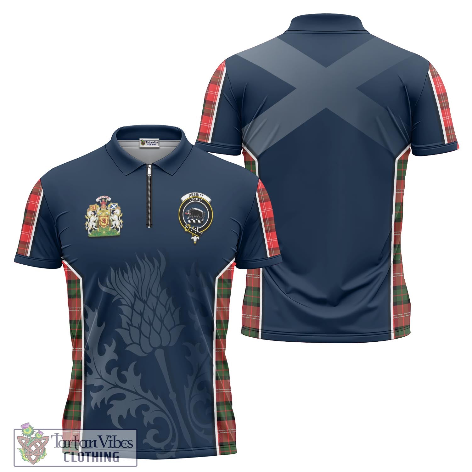 Tartan Vibes Clothing Nesbitt Modern Tartan Zipper Polo Shirt with Family Crest and Scottish Thistle Vibes Sport Style