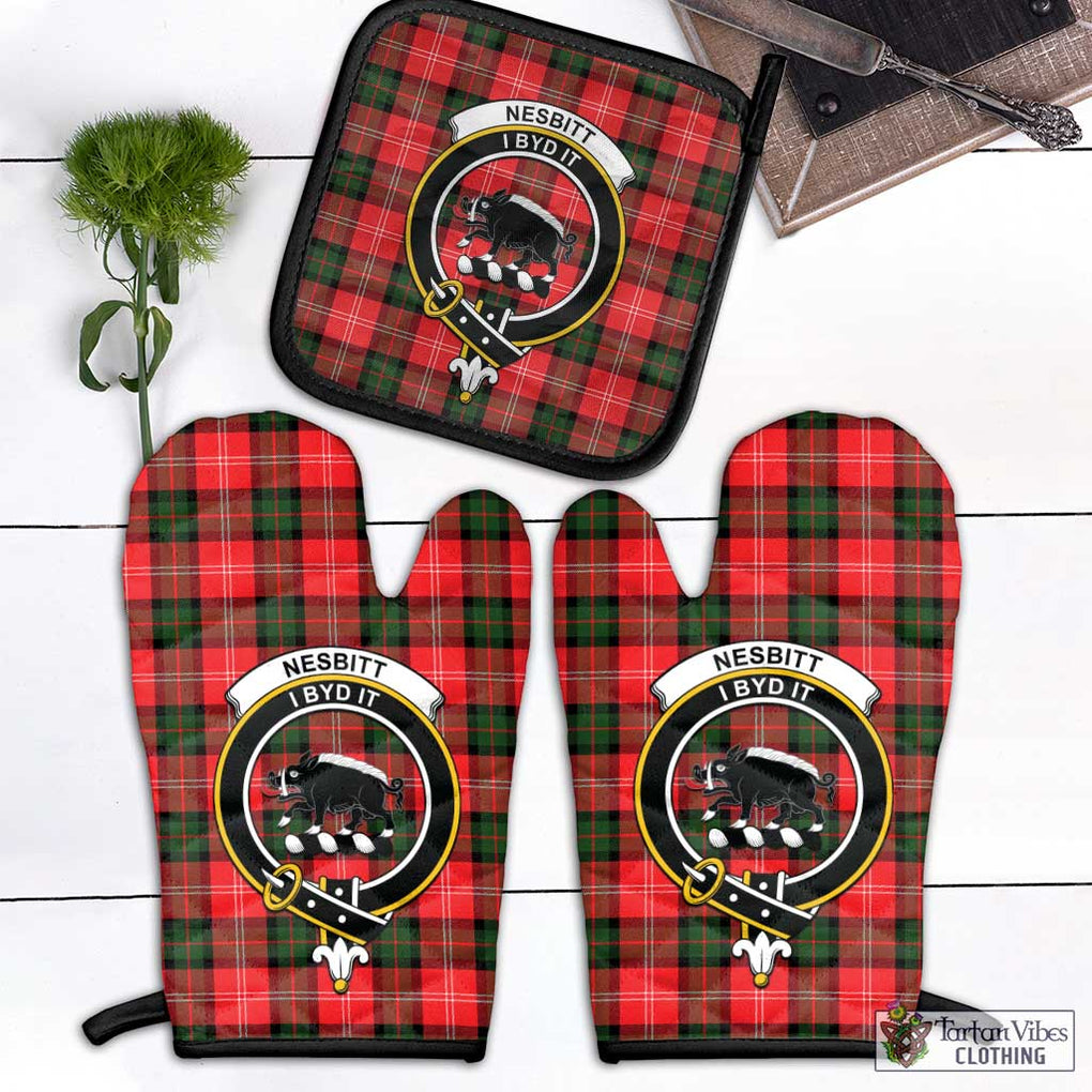Nesbitt (Nisbet) Tartan Combo Oven Mitt & Pot-Holder with Family Crest Combo 1 Oven Mitt & 1 Pot-Holder Black - Tartan Vibes Clothing