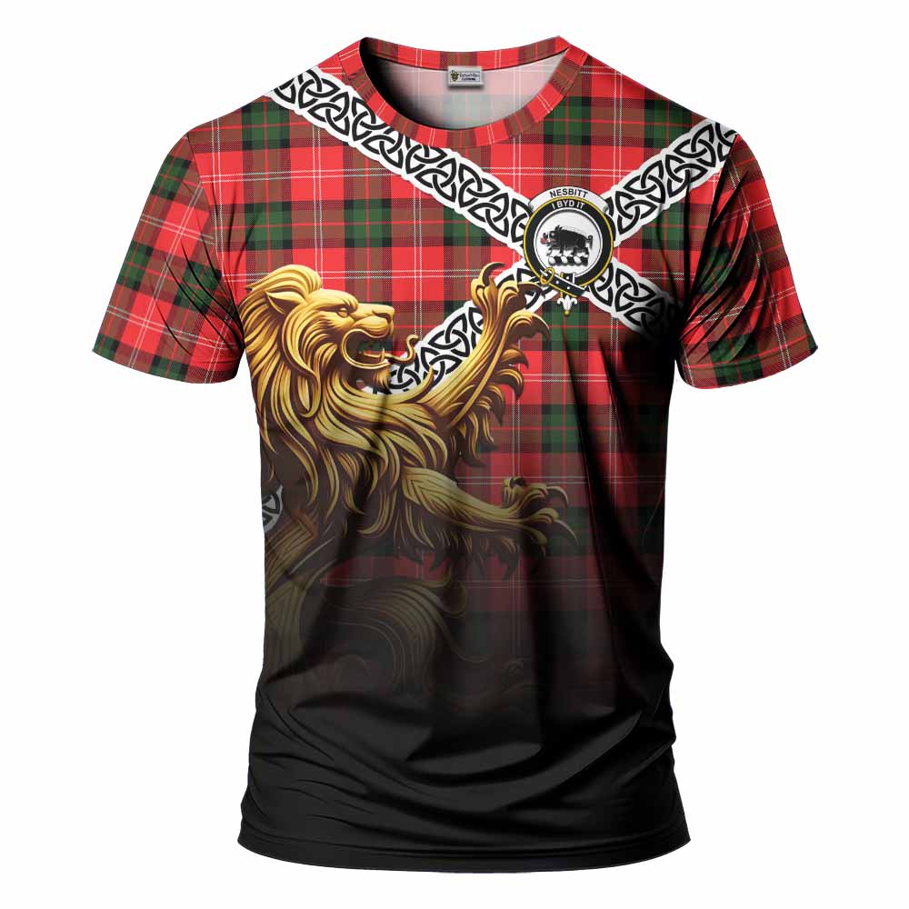 Tartan Vibes Clothing Nesbitt (Nisbet) Crest Tartan T-Shirt with Golden Lion Emblem Celtic Style