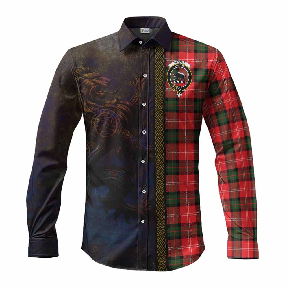 Tartan Vibes Clothing Nesbitt (Nisbet) Tartan Family Crest Long Sleeve Button Shirt Alba Gu Brath Be Brave Lion Ancient Style