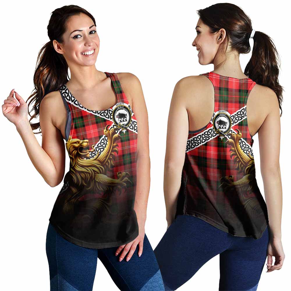 Tartan Vibes Clothing Nesbitt (Nisbet) Crest Tartan Women's Racerback Tanks with Golden Lion Emblem Celtic Style