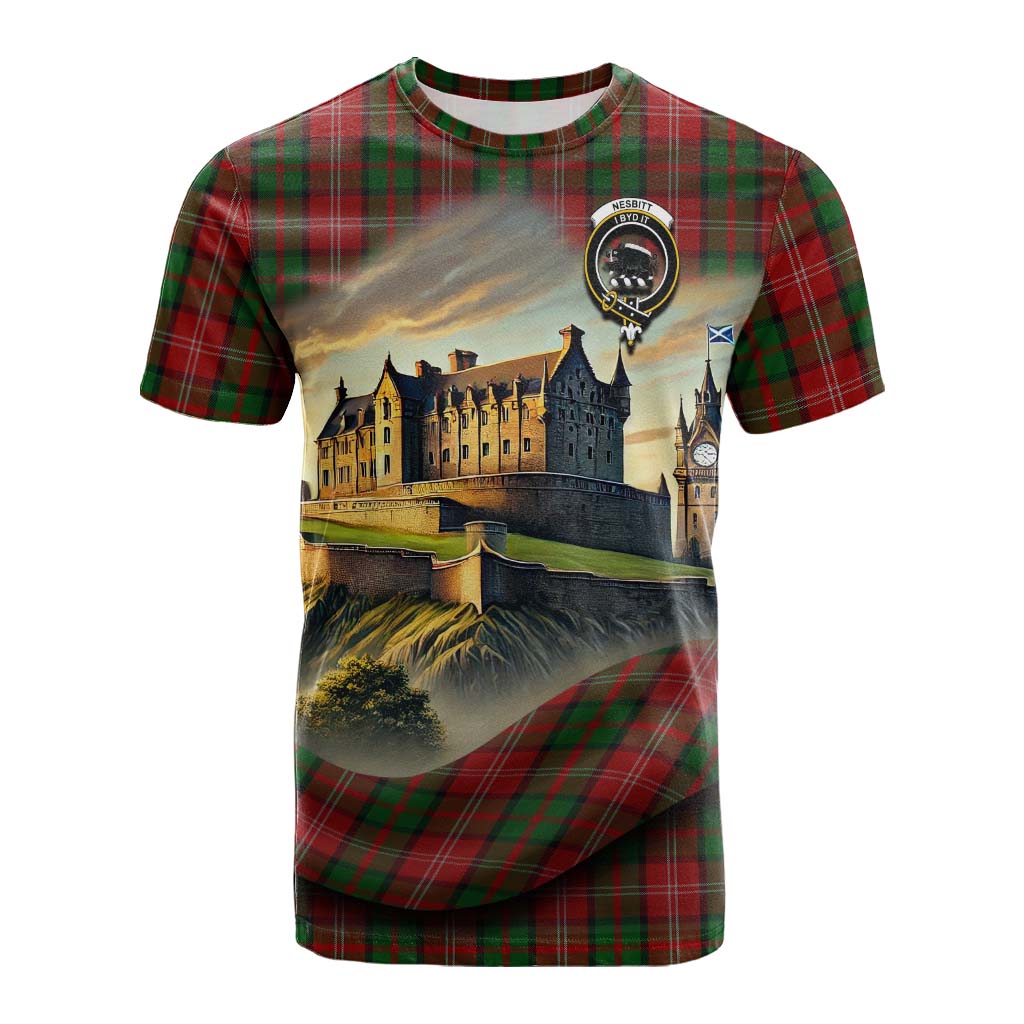 Tartan Vibes Clothing Nesbitt (Nisbet) Tartan Family Crest Cotton T-shirt with Scottish Ancient Castle Style