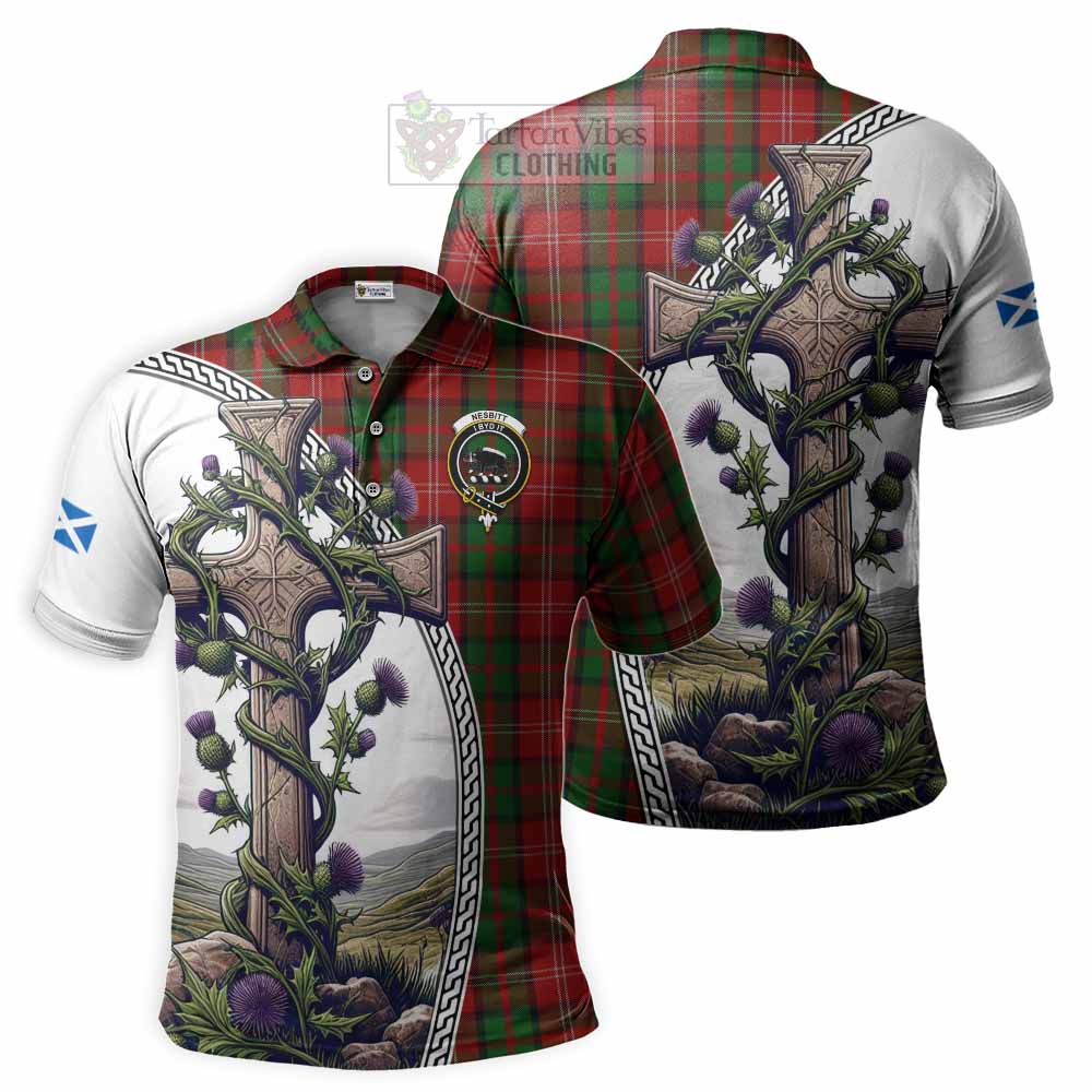 Tartan Vibes Clothing Nesbitt (Nisbet) Tartan Polo Shirt with Family Crest and St. Andrew's Cross Accented by Thistle Vines