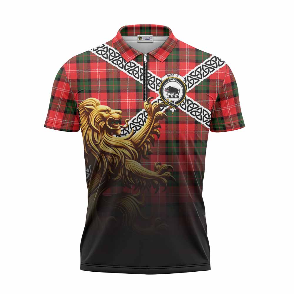 Tartan Vibes Clothing Nesbitt (Nisbet) Crest Tartan Zipper Polo Shirt with Golden Lion Emblem Celtic Style