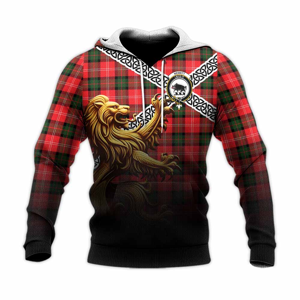 Tartan Vibes Clothing Nesbitt (Nisbet) Crest Tartan Knitted Hoodie with Golden Lion Emblem Celtic Style