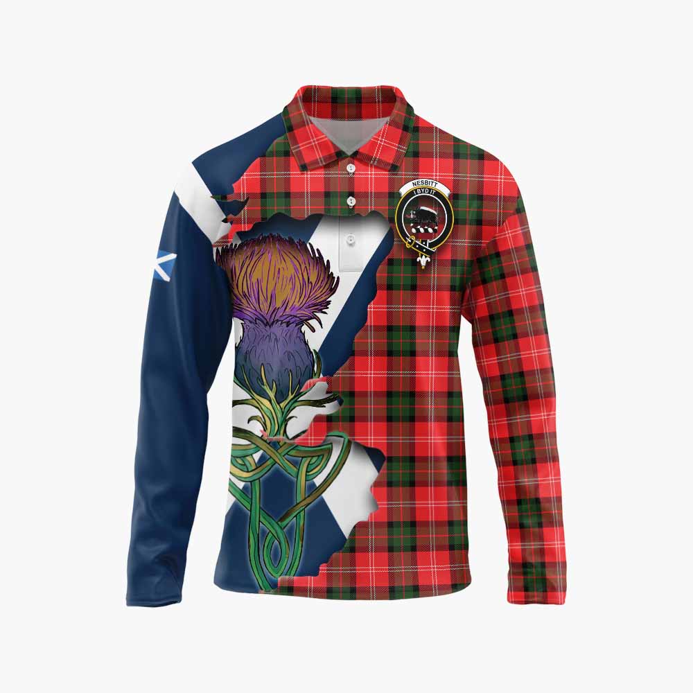 Tartan Vibes Clothing Nesbitt (Nisbet) Tartan Family Crest Long Sleeve Polo Shirt Scottish Thistle Celtic Inspired
