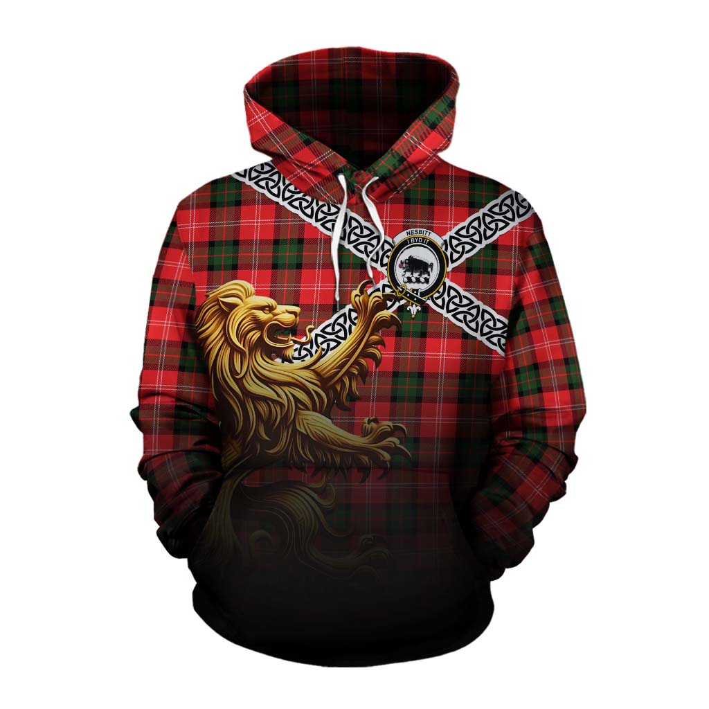 Tartan Vibes Clothing Nesbitt (Nisbet) Crest Tartan Cotton Hoodie with Golden Lion Emblem Celtic Style