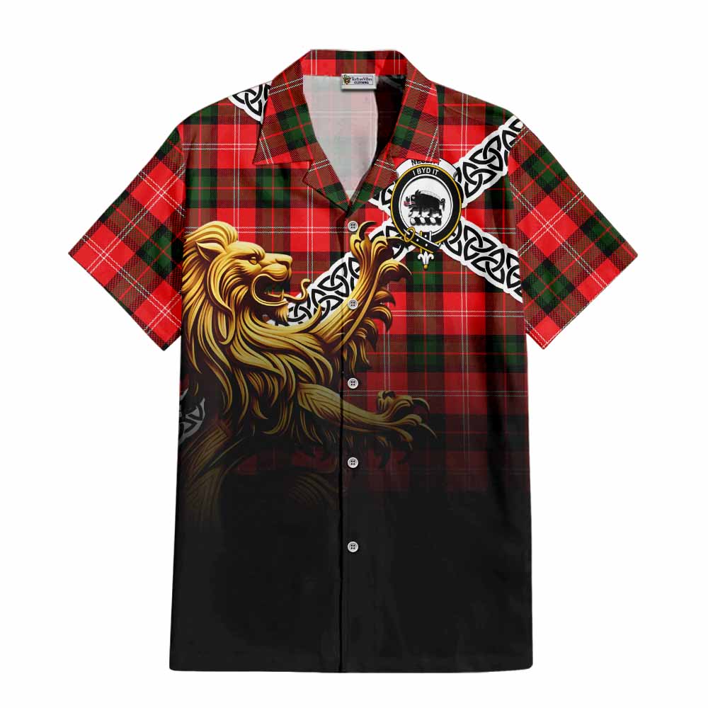 Tartan Vibes Clothing Nesbitt (Nisbet) Crest Tartan Short Sleeve Button Shirt with Golden Lion Emblem Celtic Style