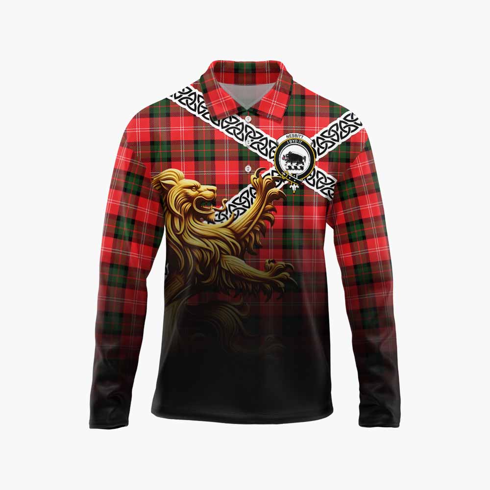 Tartan Vibes Clothing Nesbitt (Nisbet) Crest Tartan Long Sleeve Polo Shirt with Golden Lion Emblem Celtic Style