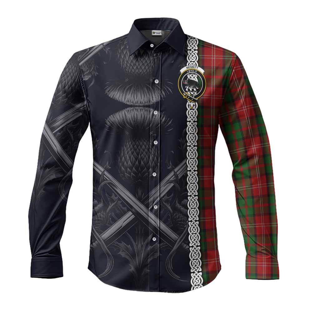 Tartan Vibes Clothing Nesbitt (Nisbet) Tartan Long Sleeve Button Shirt with Family Crest Cross Sword Thistle Celtic Vibes