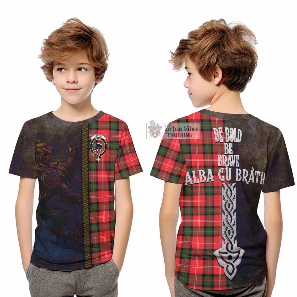 Tartan Vibes Clothing Nesbitt (Nisbet) Tartan Family Crest Kid T-Shirt Alba Gu Brath Be Brave Lion Ancient Style