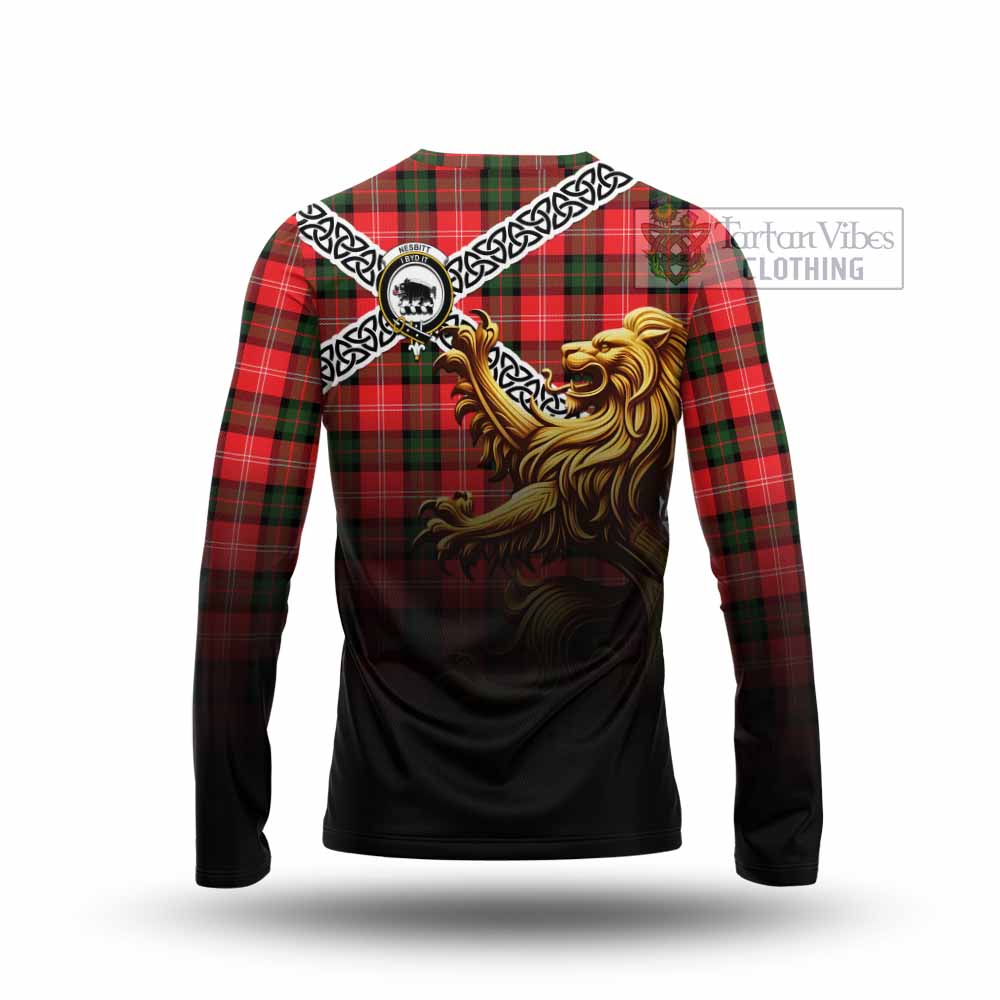 Tartan Vibes Clothing Nesbitt (Nisbet) Crest Tartan Long Sleeve T-Shirt with Golden Lion Emblem Celtic Style