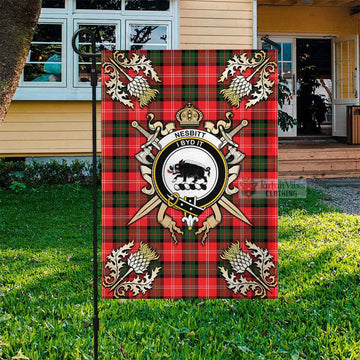 Nesbitt (Nisbet) Tartan Garden Flag with Family Crest and Golden Thistle Crossed Sword Design