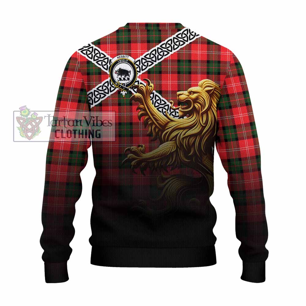 Tartan Vibes Clothing Nesbitt (Nisbet) Crest Tartan Knitted Sweater with Golden Lion Emblem Celtic Style
