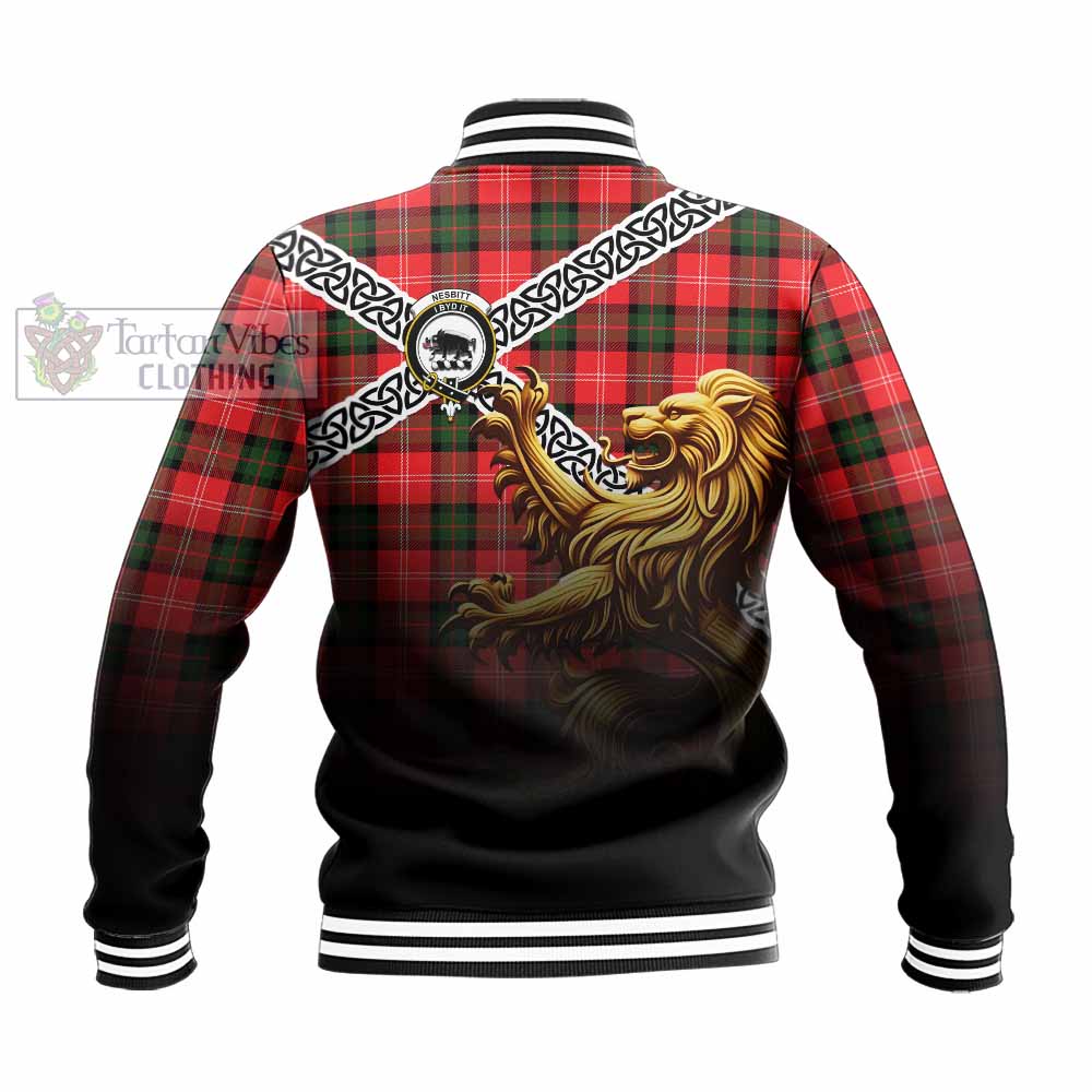 Tartan Vibes Clothing Nesbitt (Nisbet) Crest Tartan Baseball Jacket with Golden Lion Emblem Celtic Style